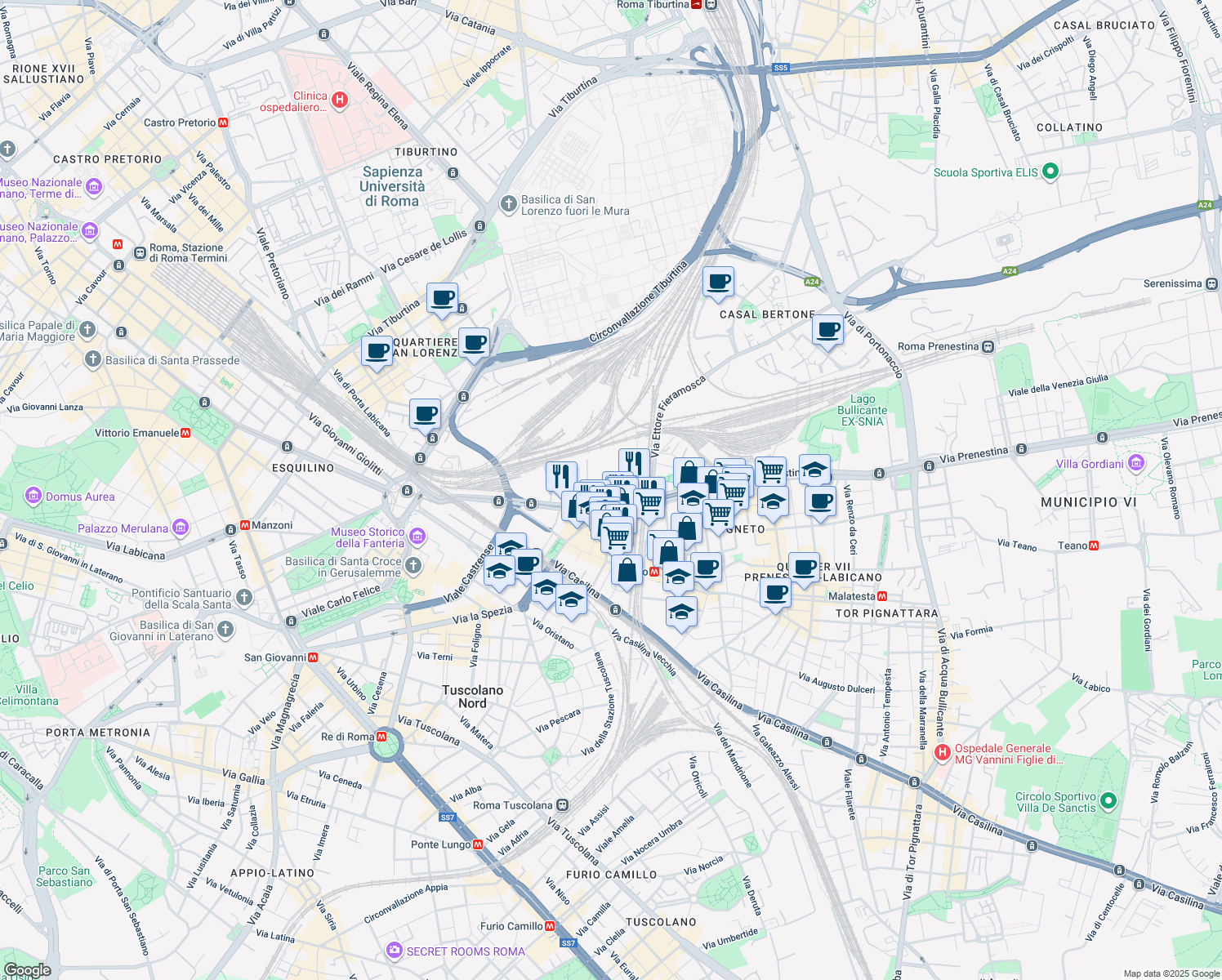 map of restaurants, bars, coffee shops, grocery stores, and more near Via L. F. Marsigli in Roma