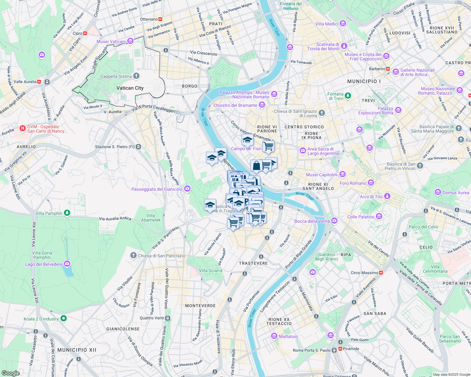 map of restaurants, bars, coffee shops, grocery stores, and more near 13 Via di Santa Dorotea in Roma