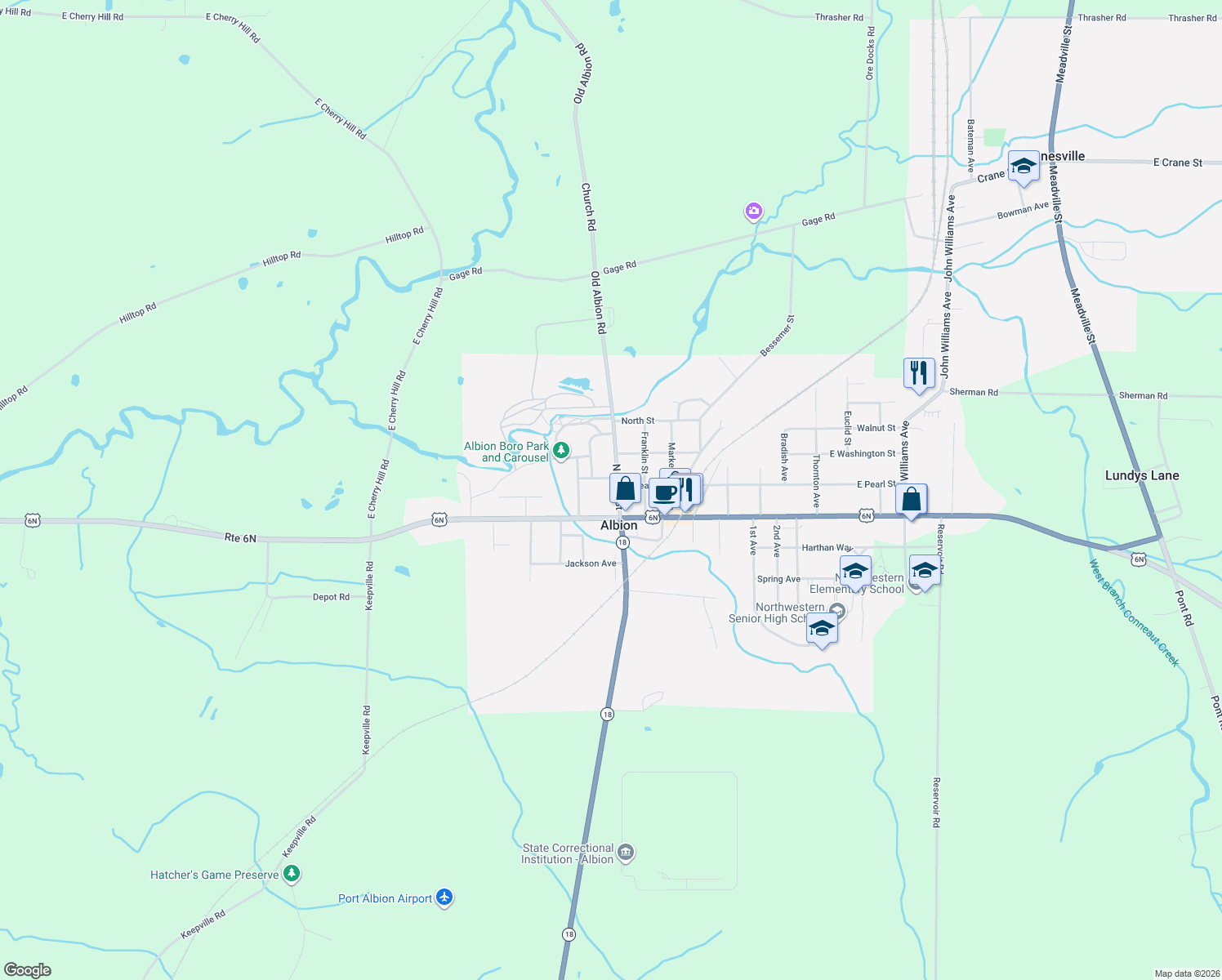 map of restaurants, bars, coffee shops, grocery stores, and more near 32 North Main Street in Albion