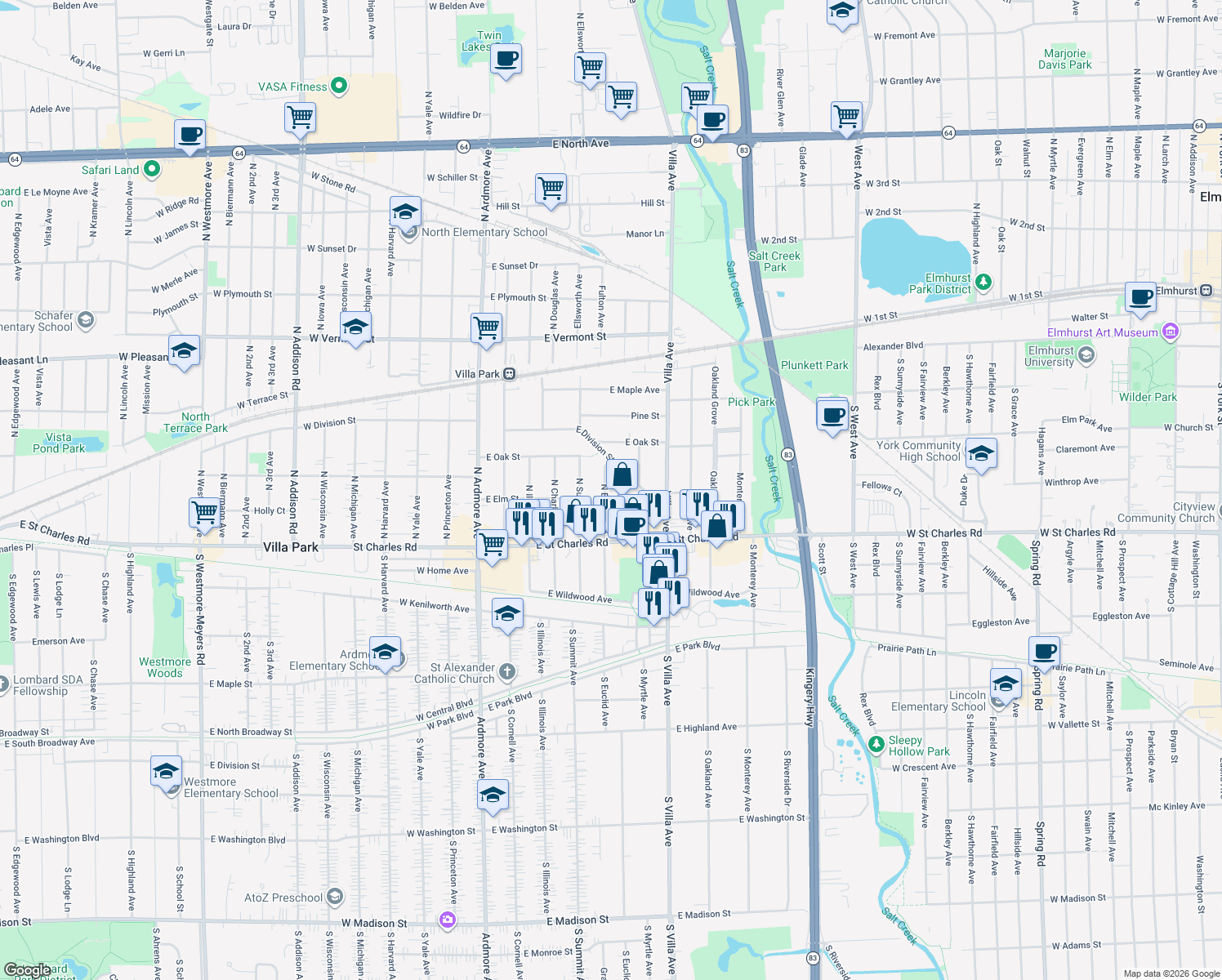 map of restaurants, bars, coffee shops, grocery stores, and more near 284 East Elm Street in Villa Park
