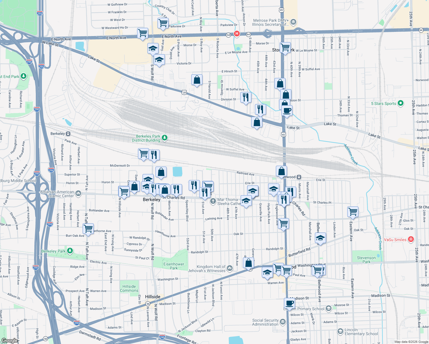 map of restaurants, bars, coffee shops, grocery stores, and more near 17 50th Ave in Bellwood