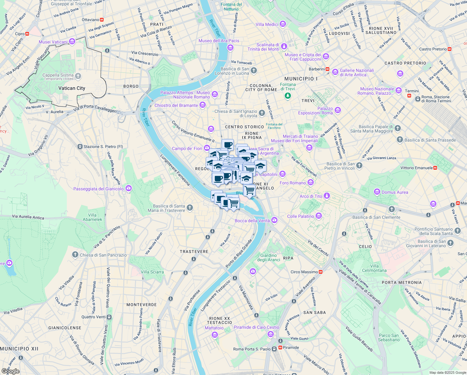 map of restaurants, bars, coffee shops, grocery stores, and more near 5 Lungotevere de' Cenci in Roma
