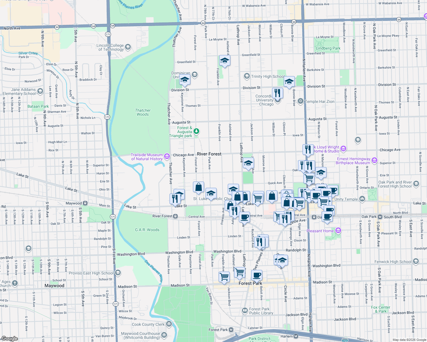 map of restaurants, bars, coffee shops, grocery stores, and more near 703 Park Ave in River Forest