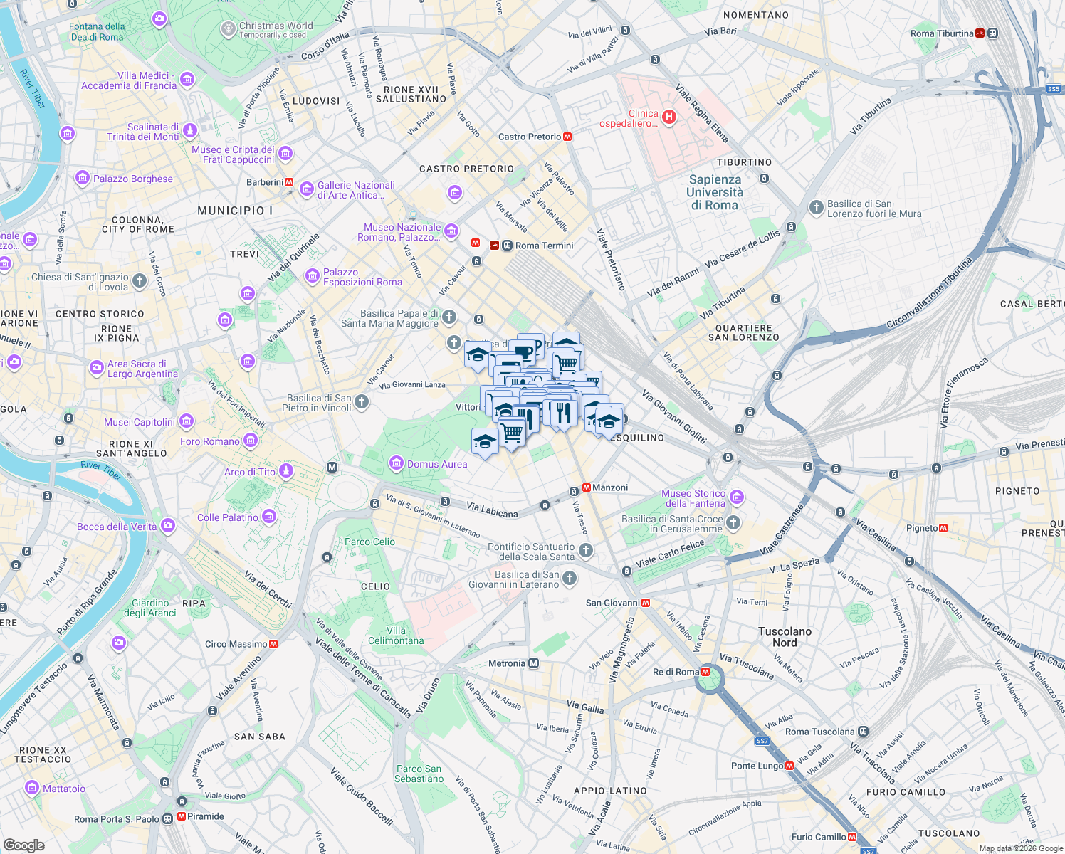 map of restaurants, bars, coffee shops, grocery stores, and more near 34 Via Ferruccio in Roma