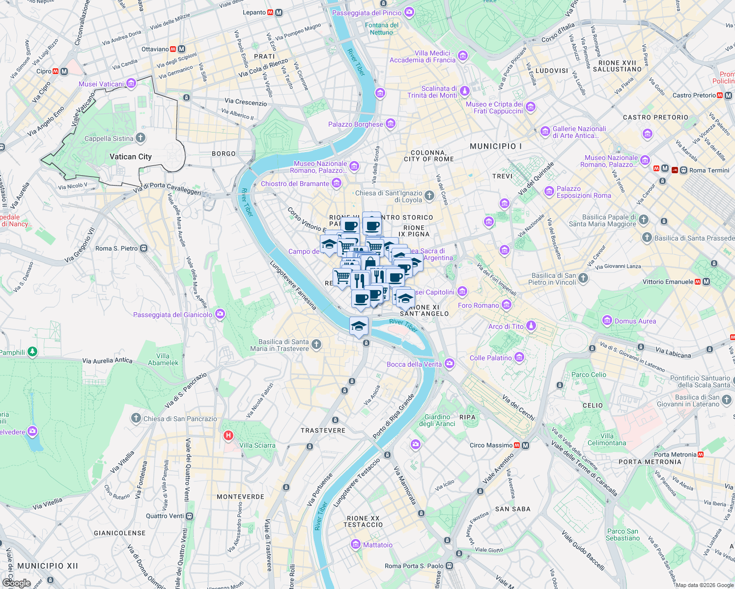 map of restaurants, bars, coffee shops, grocery stores, and more near 29 Via di Santa Maria in Monticelli in Rome