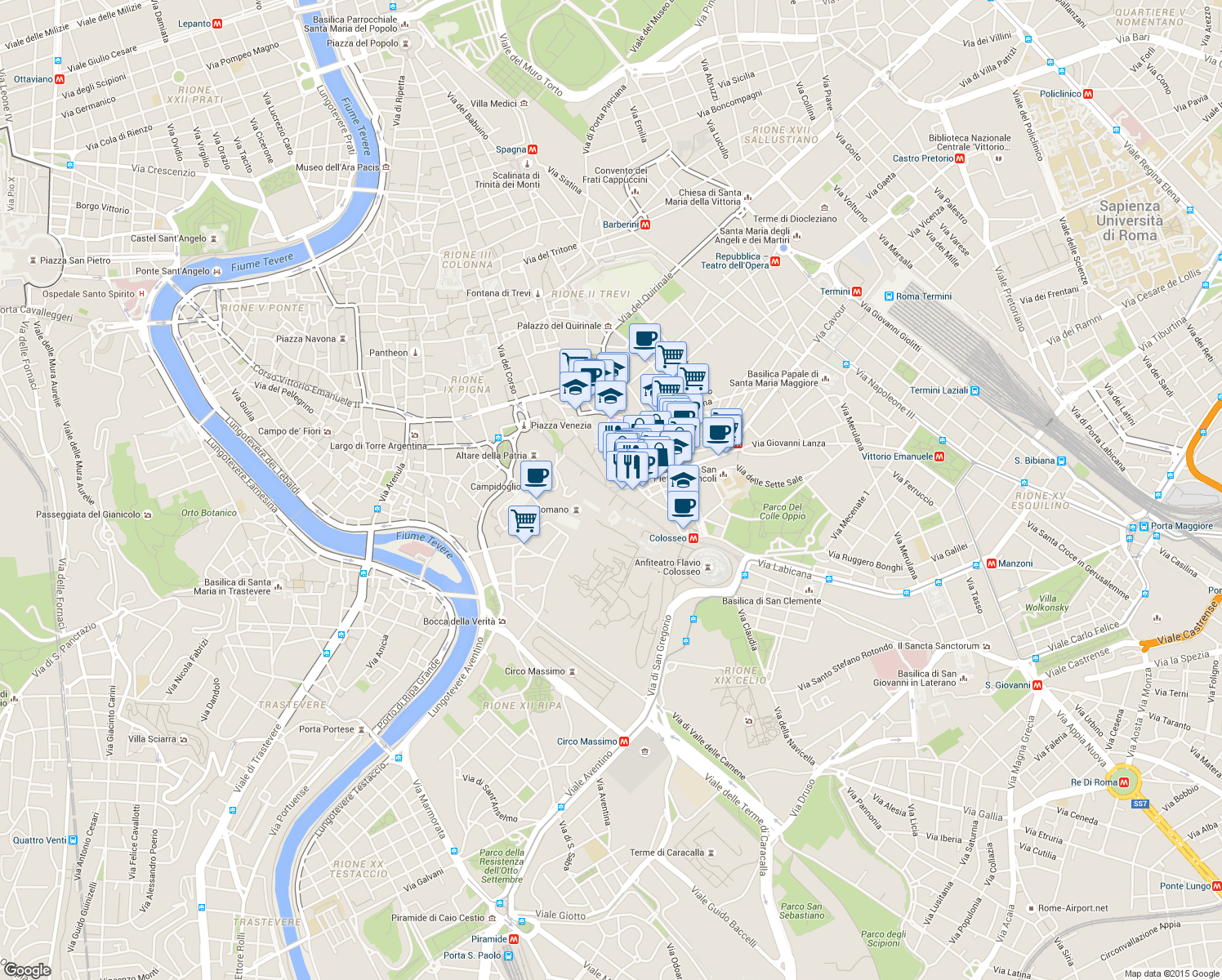 map of restaurants, bars, coffee shops, grocery stores, and more near Via dei Fori Imperiali in Rome