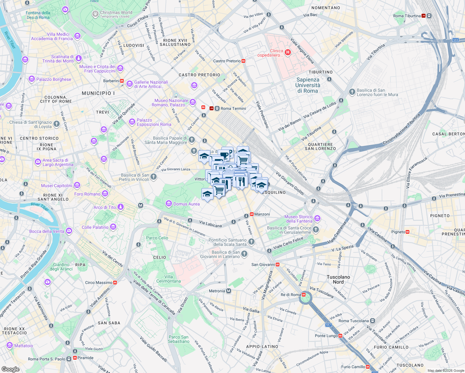 map of restaurants, bars, coffee shops, grocery stores, and more near 34 Via Ferruccio in Roma