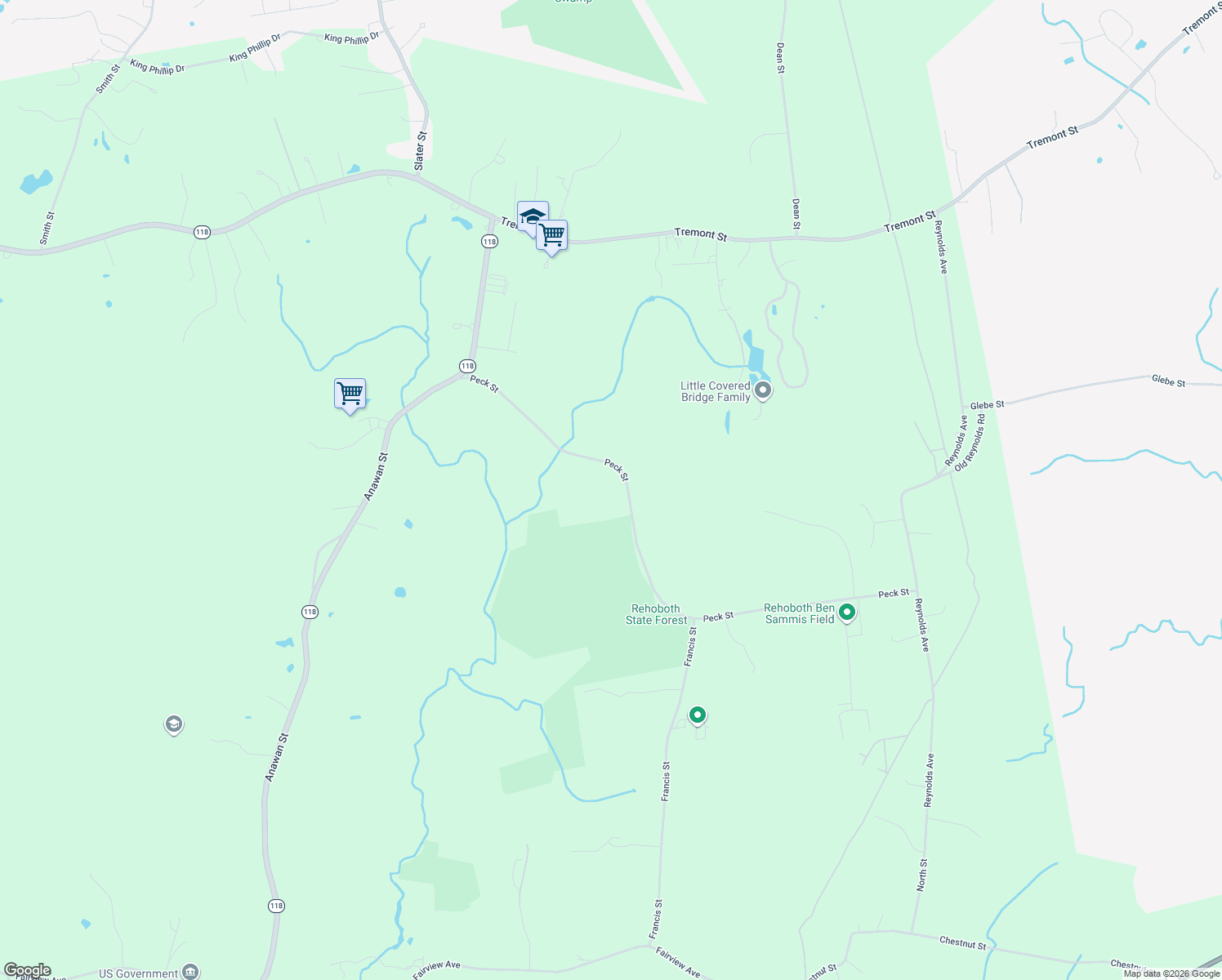 map of restaurants, bars, coffee shops, grocery stores, and more near 58 Peck Street in Rehoboth
