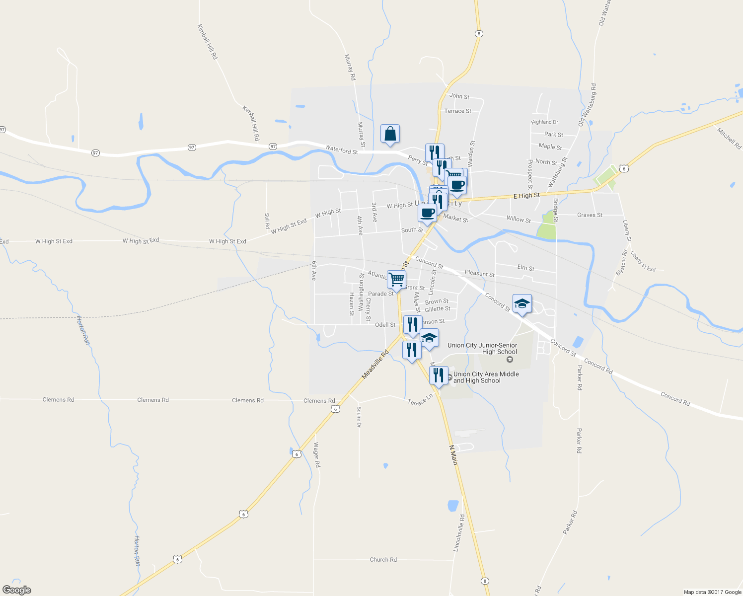 map of restaurants, bars, coffee shops, grocery stores, and more near 24 Parade St in Union City