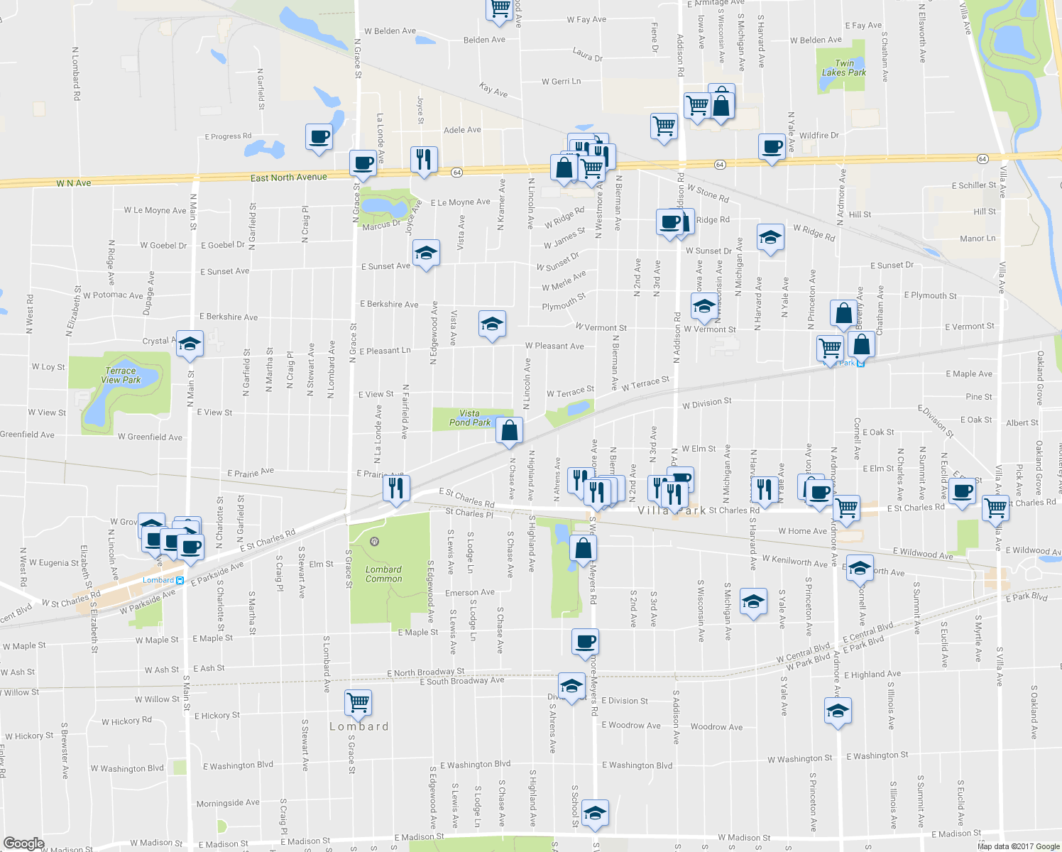map of restaurants, bars, coffee shops, grocery stores, and more near 727 West Terrace Street in Villa Park