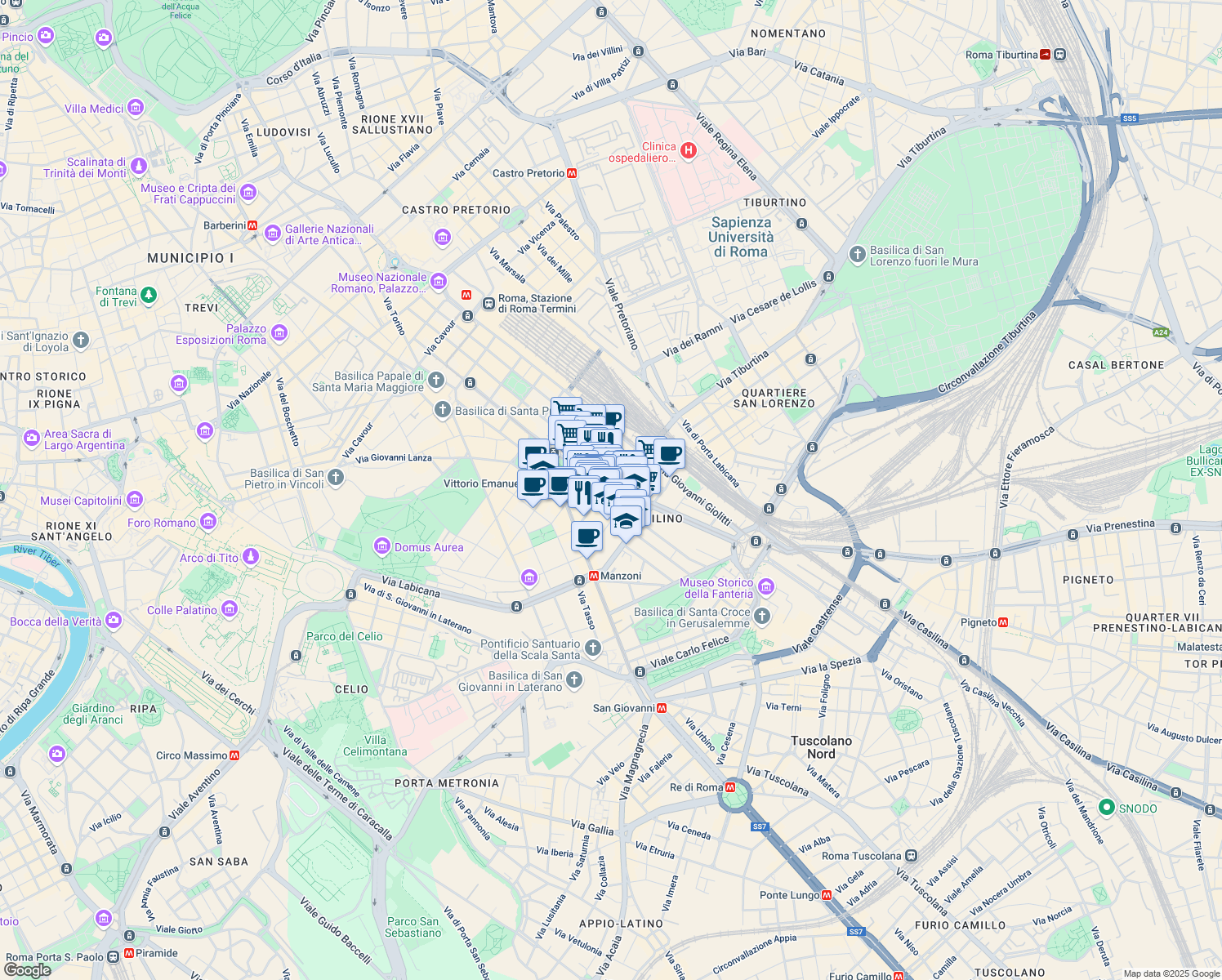 map of restaurants, bars, coffee shops, grocery stores, and more near 47 Via Principe Eugenio in Roma