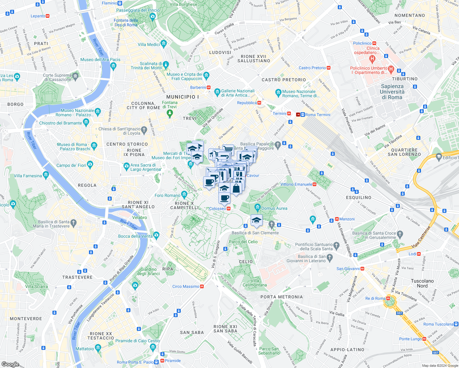 map of restaurants, bars, coffee shops, grocery stores, and more near 7516 Piazza di San Francesco di Paola in Roma