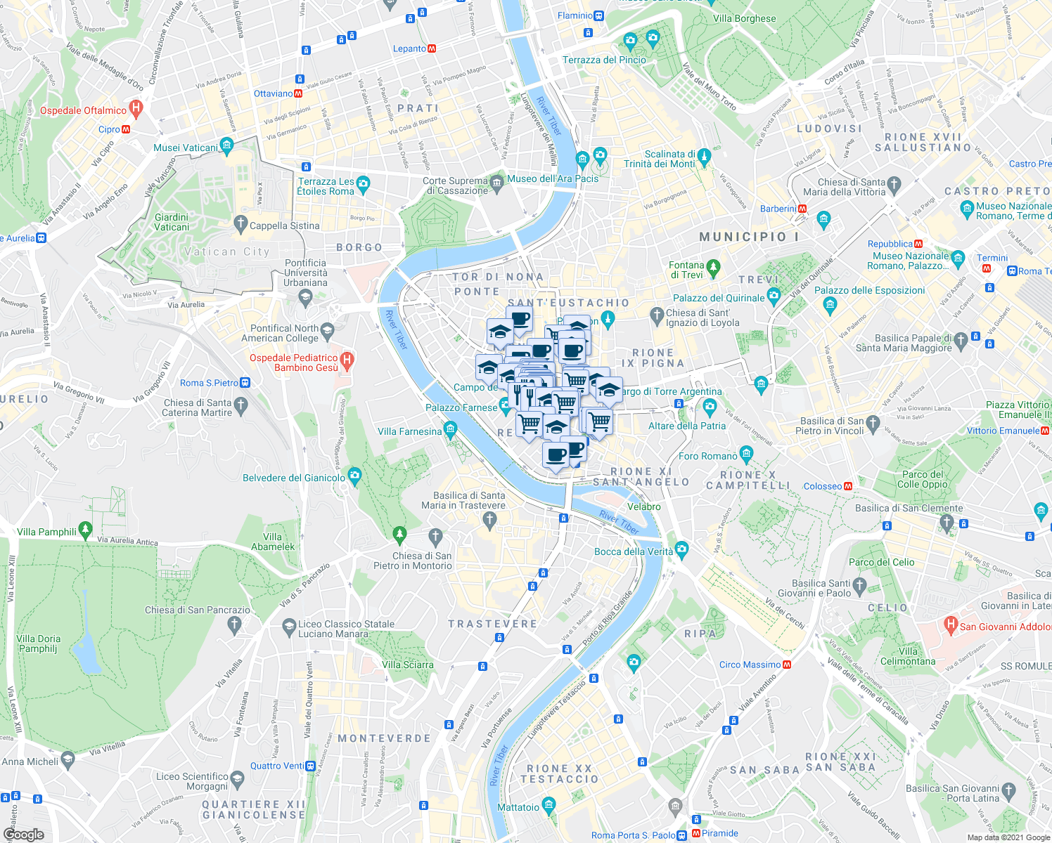 map of restaurants, bars, coffee shops, grocery stores, and more near Piazza Capo di Ferro in Rome
