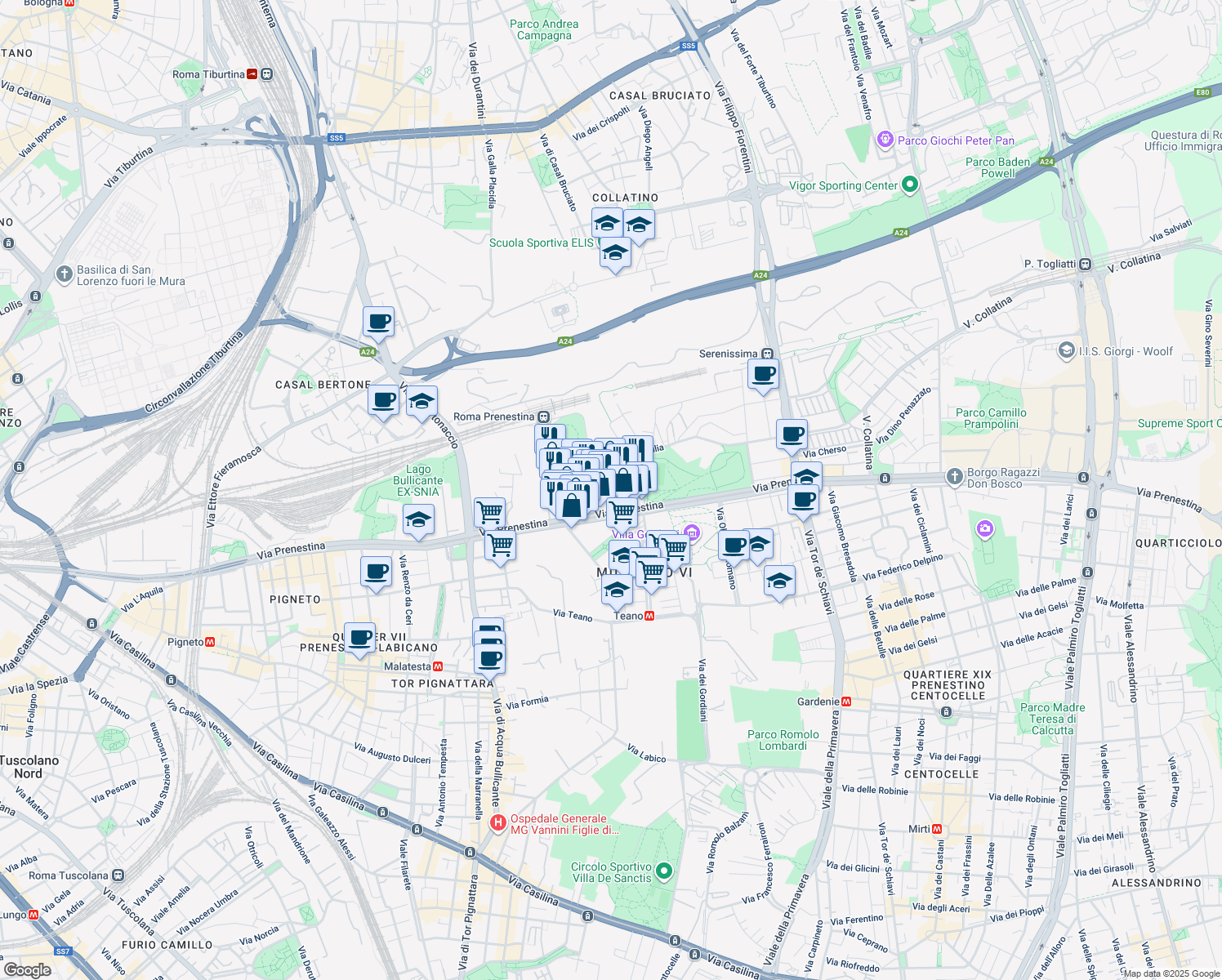 map of restaurants, bars, coffee shops, grocery stores, and more near 10 Via Silvio Benco in Roma