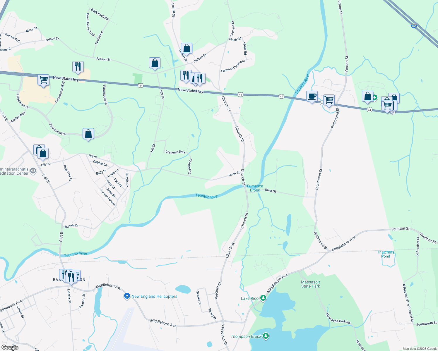 map of restaurants, bars, coffee shops, grocery stores, and more near 95 Dean Street in Raynham