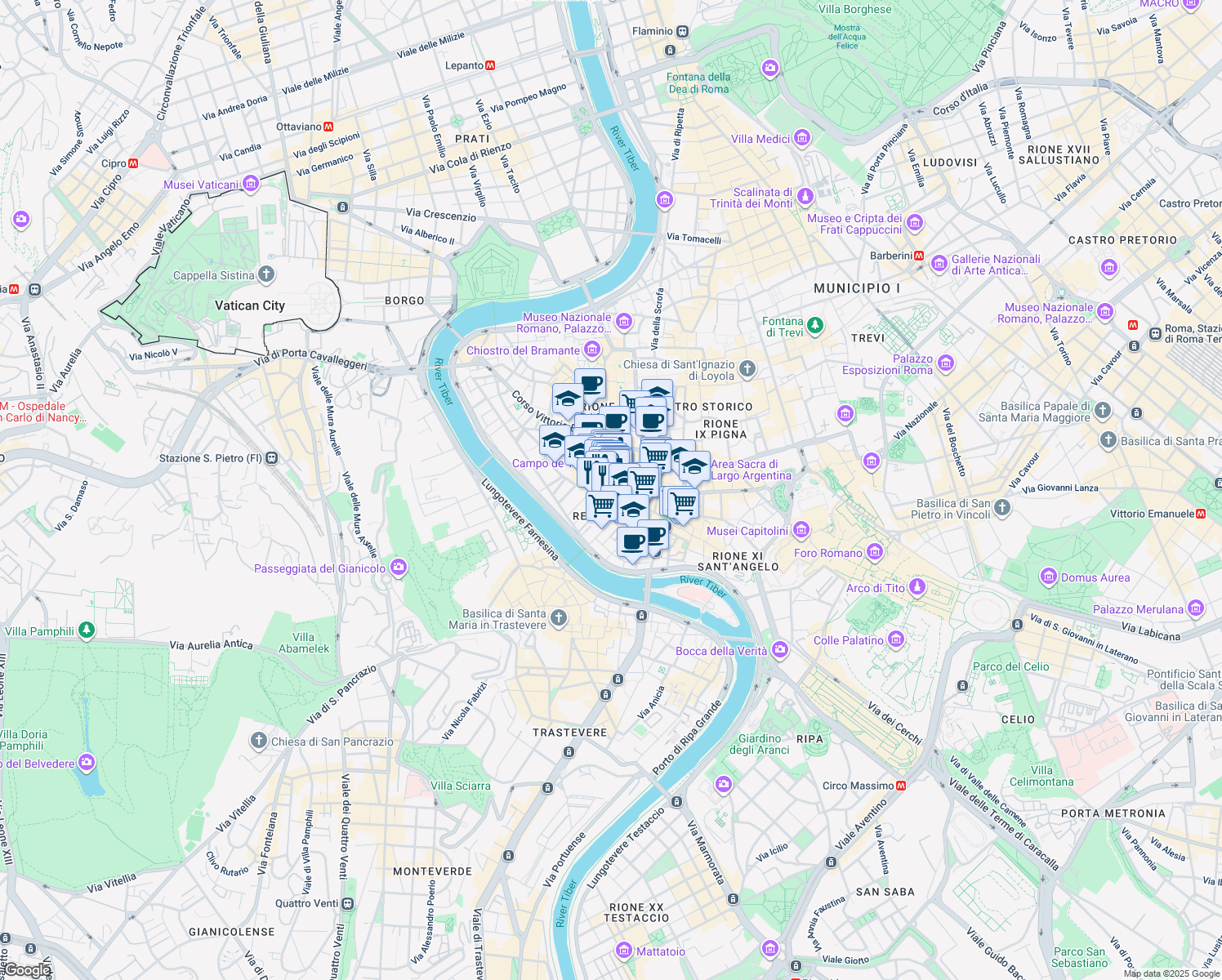 map of restaurants, bars, coffee shops, grocery stores, and more near 50 Vicolo delle Grotte in Roma