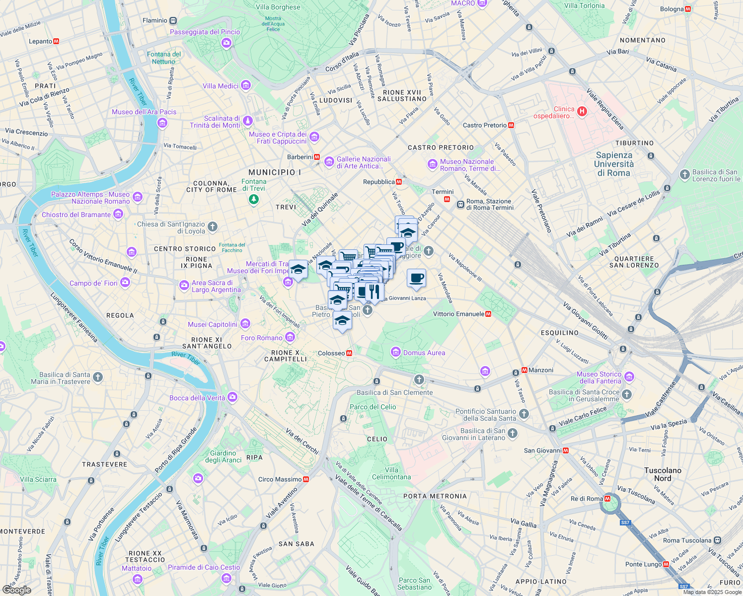 map of restaurants, bars, coffee shops, grocery stores, and more near 201 Via Cavour in Roma