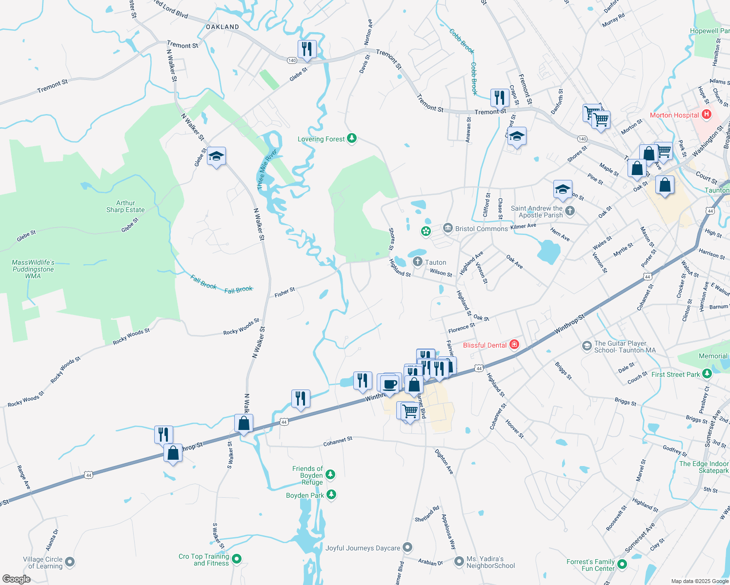 map of restaurants, bars, coffee shops, grocery stores, and more near 72 3 Mile River Lane in Taunton