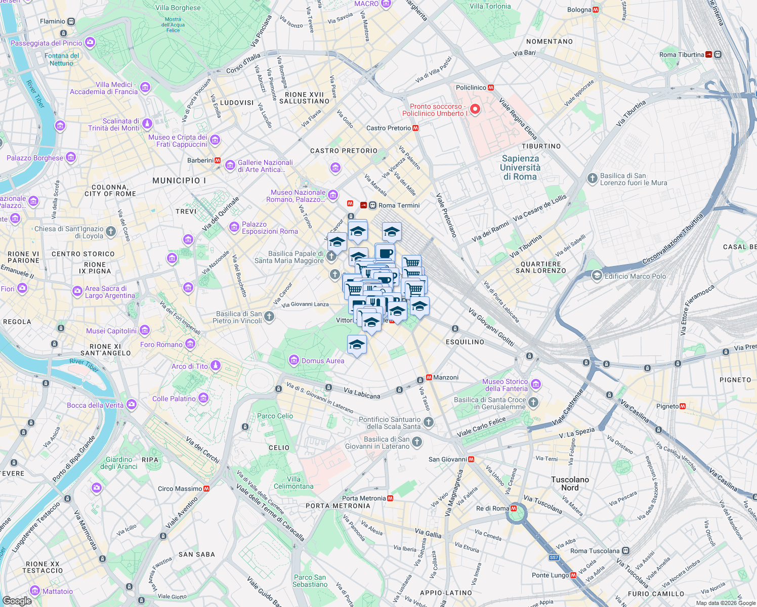 map of restaurants, bars, coffee shops, grocery stores, and more near 141 Piazza Vittorio Emanuele II in Roma