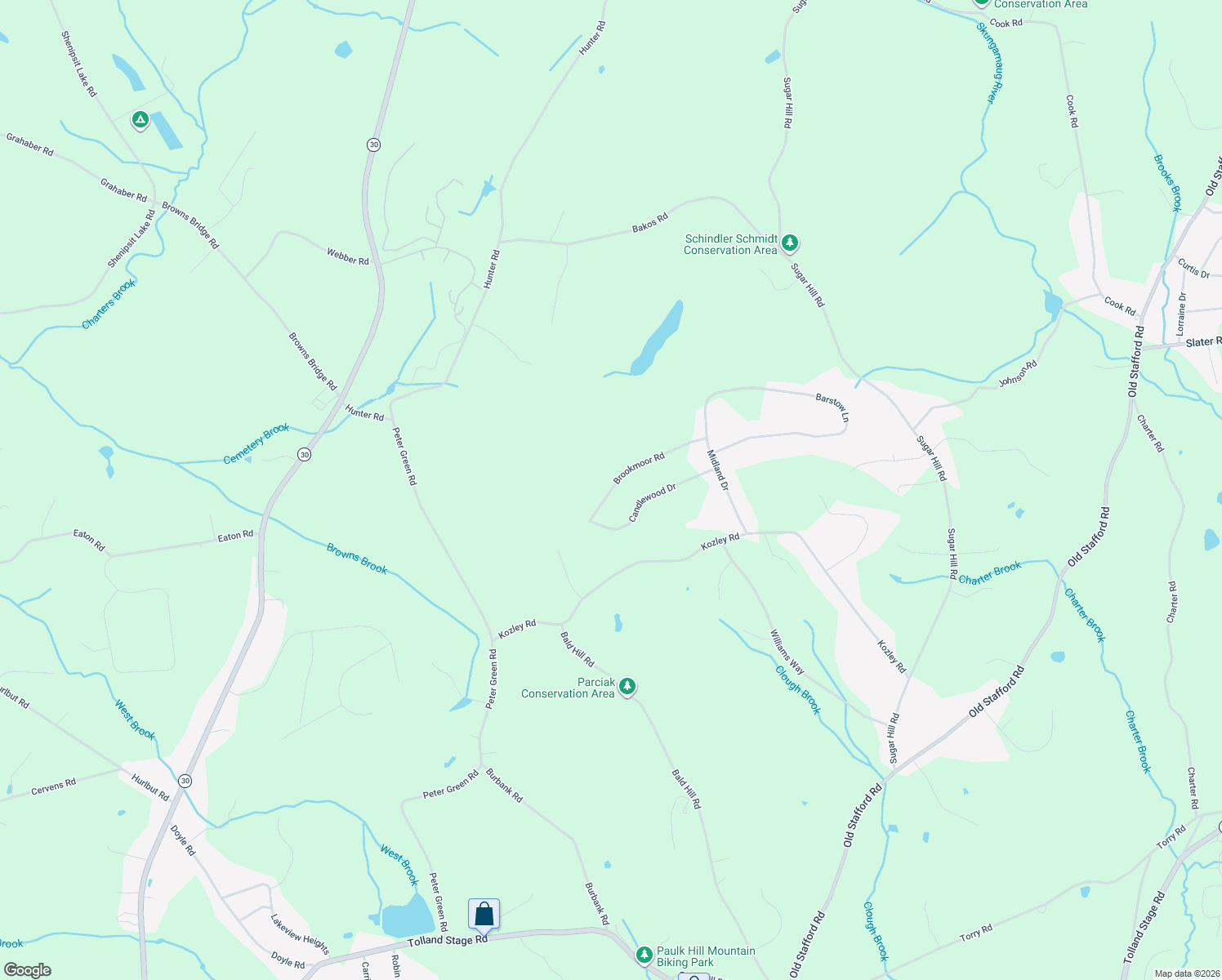map of restaurants, bars, coffee shops, grocery stores, and more near 61 Brookmoor Road in Tolland