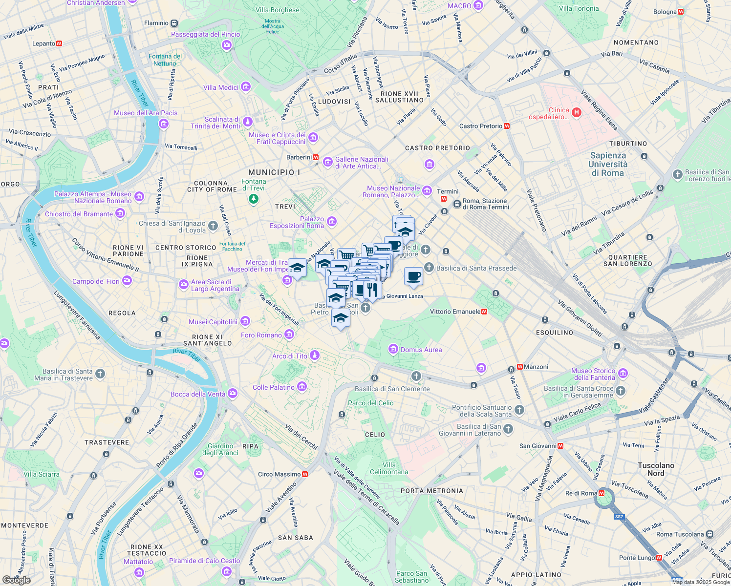 map of restaurants, bars, coffee shops, grocery stores, and more near 201 Via Cavour in Roma