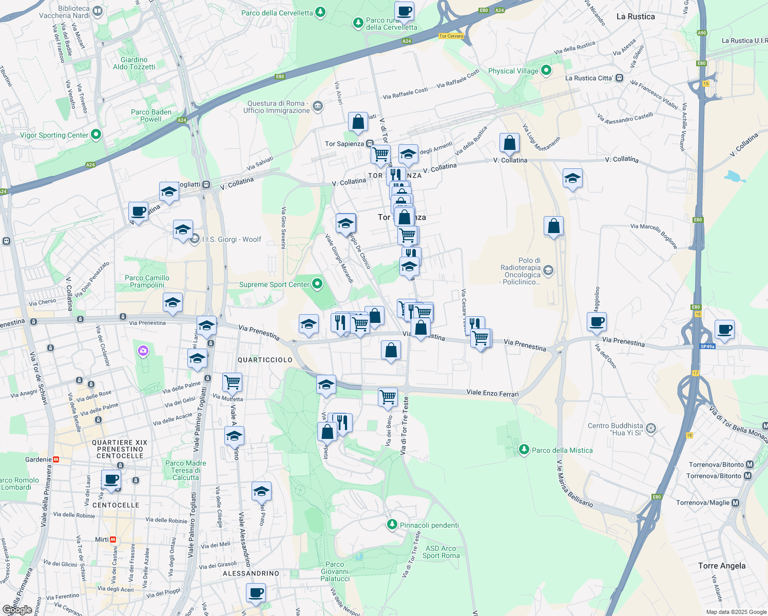 map of restaurants, bars, coffee shops, grocery stores, and more near 124 Viale Giorgio De Chirico in Roma