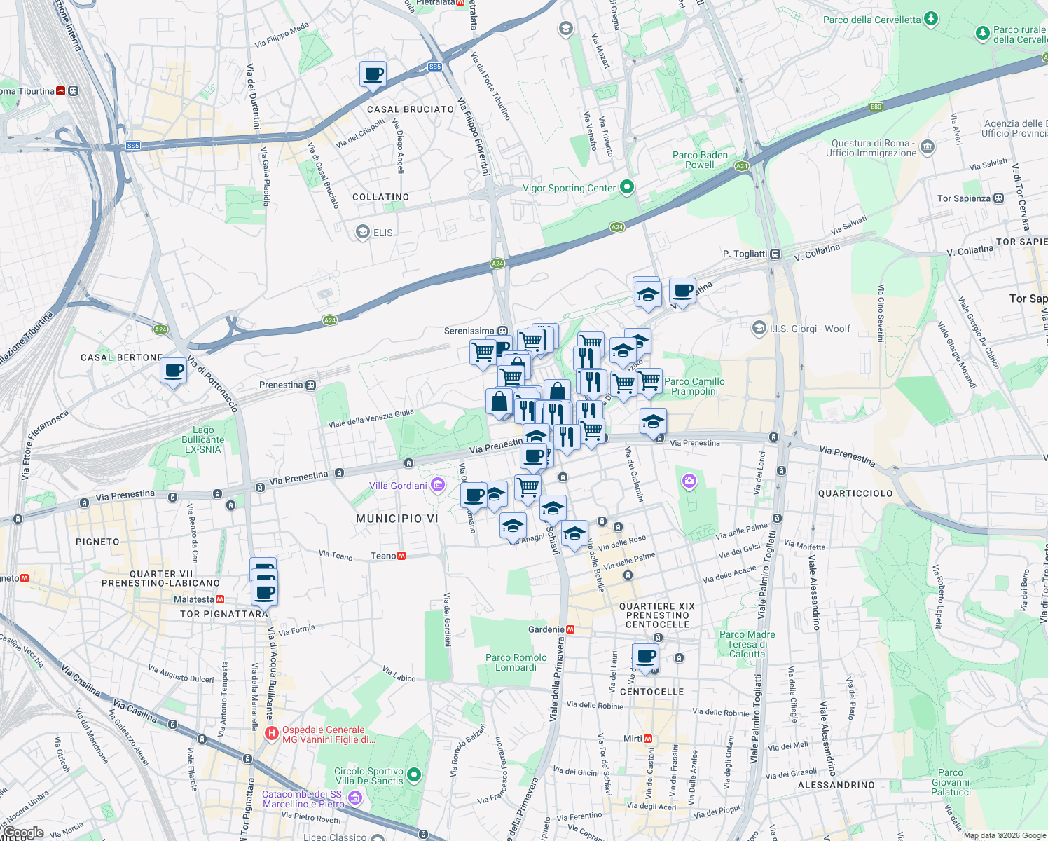 map of restaurants, bars, coffee shops, grocery stores, and more near 172 Viale della Venezia Giulia in Roma