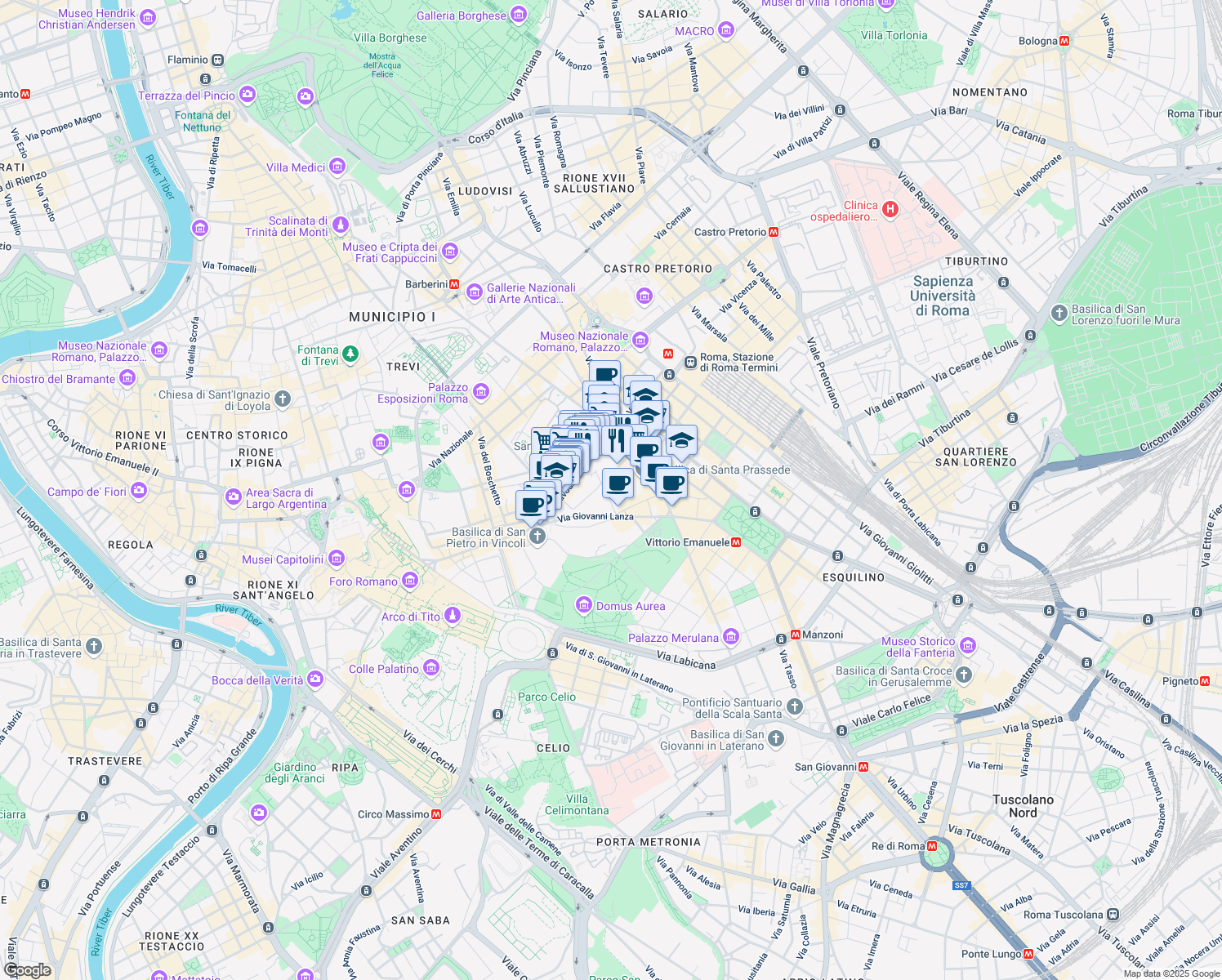 map of restaurants, bars, coffee shops, grocery stores, and more near 24 Via dei Quattro Cantoni in Rome