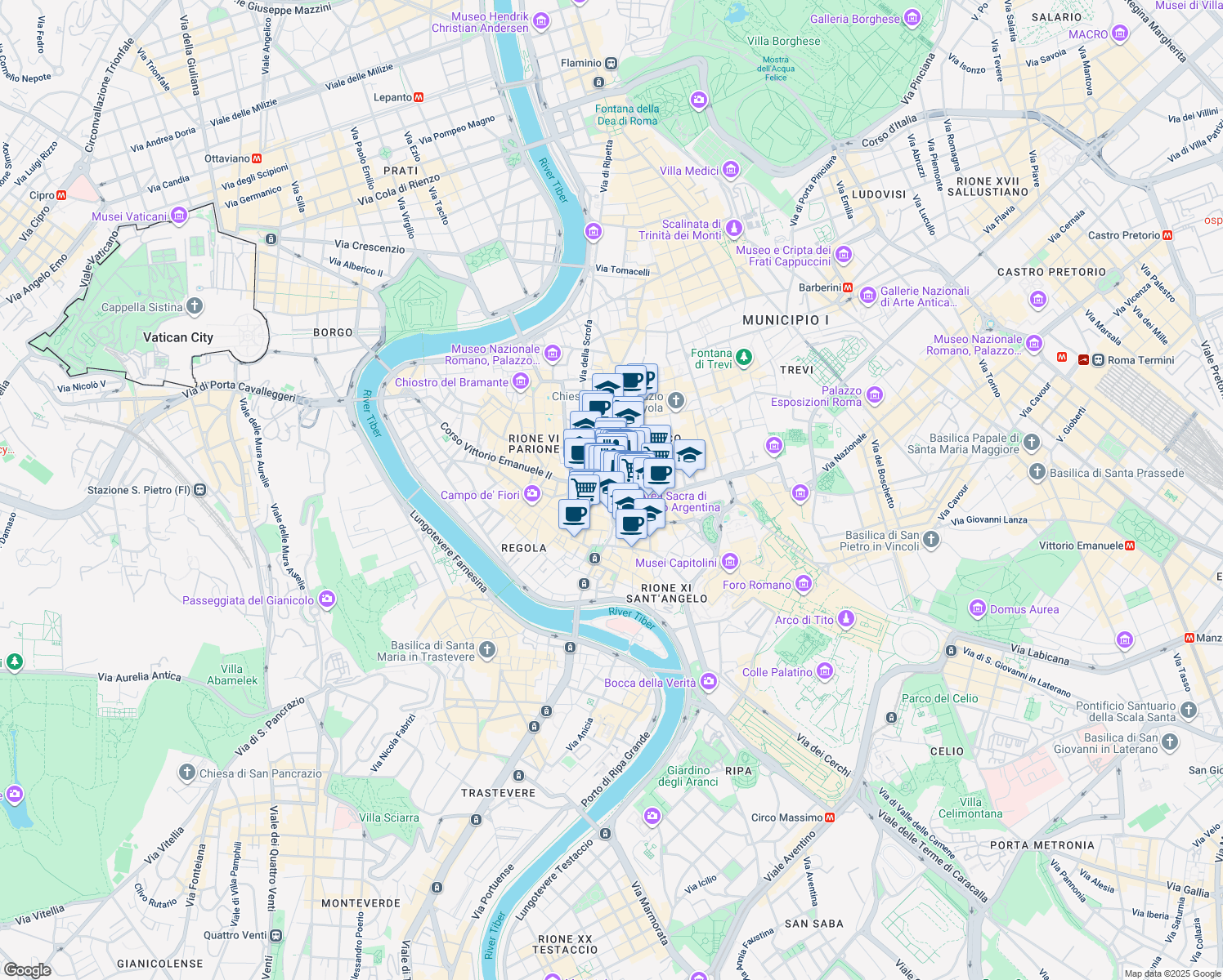 map of restaurants, bars, coffee shops, grocery stores, and more near 19 Via dell'Arco della Ciambella in Roma