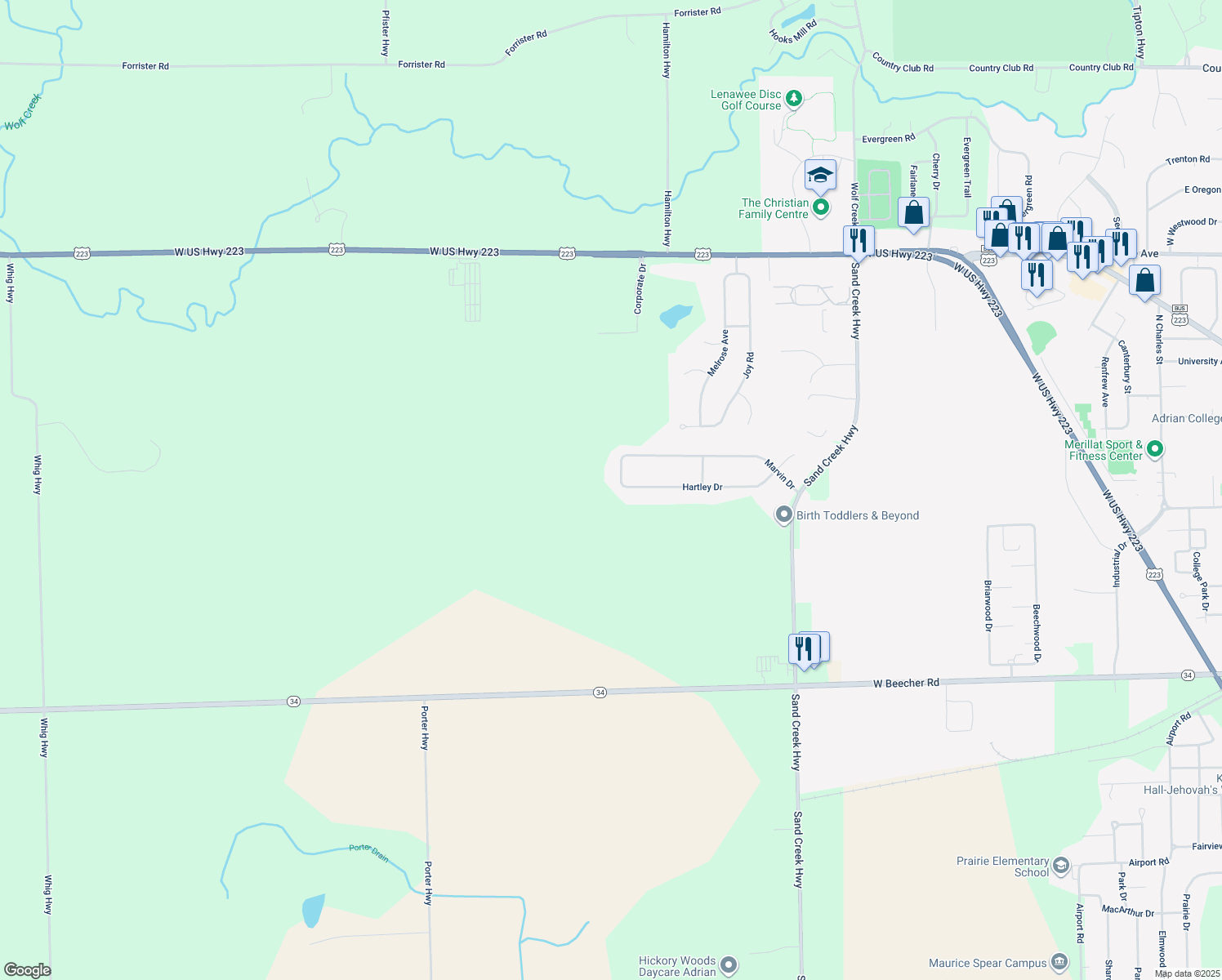 map of restaurants, bars, coffee shops, grocery stores, and more near 1554 Woodview Drive in Adrian