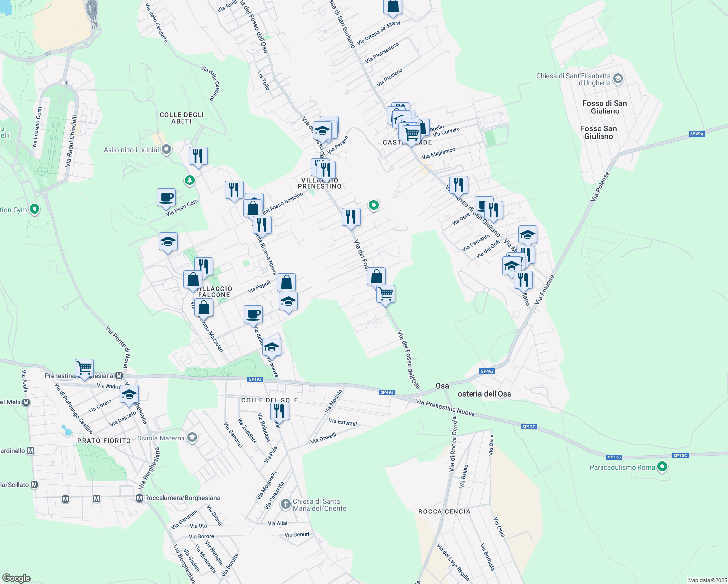 map of restaurants, bars, coffee shops, grocery stores, and more near 5a Via Roccaspinalveti in Roma