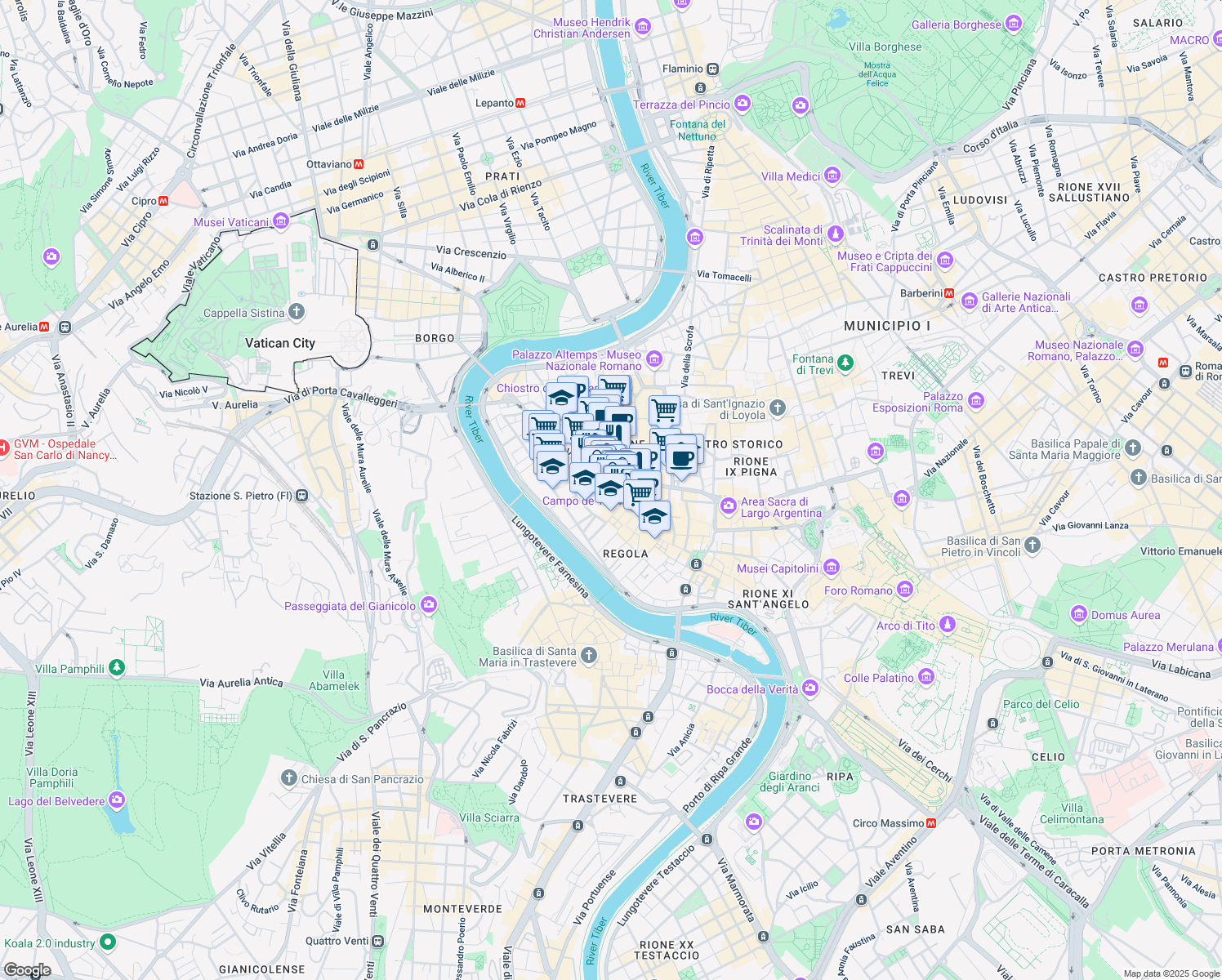 map of restaurants, bars, coffee shops, grocery stores, and more near 12 Arco di Santa Margherita in Roma