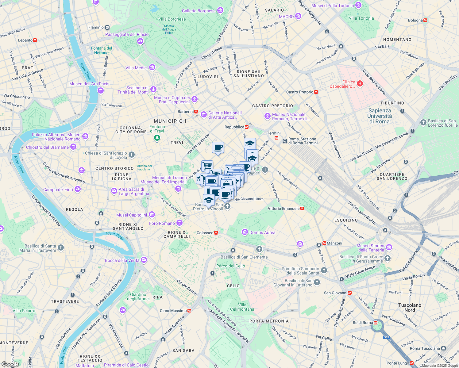map of restaurants, bars, coffee shops, grocery stores, and more near 37 Via dè Ciancaleoni in Roma