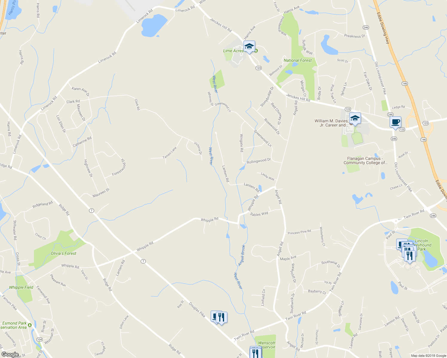 map of restaurants, bars, coffee shops, grocery stores, and more near 35 Lantern Road in Smithfield