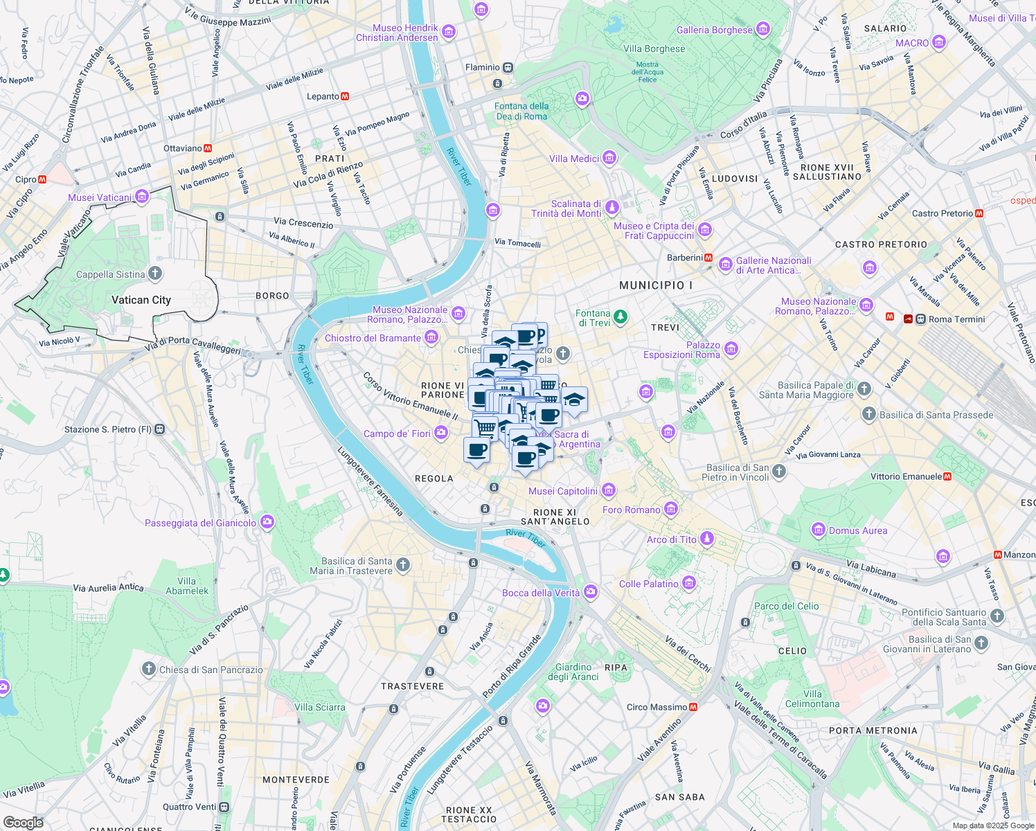 map of restaurants, bars, coffee shops, grocery stores, and more near 19 Via dell'Arco della Ciambella in Roma