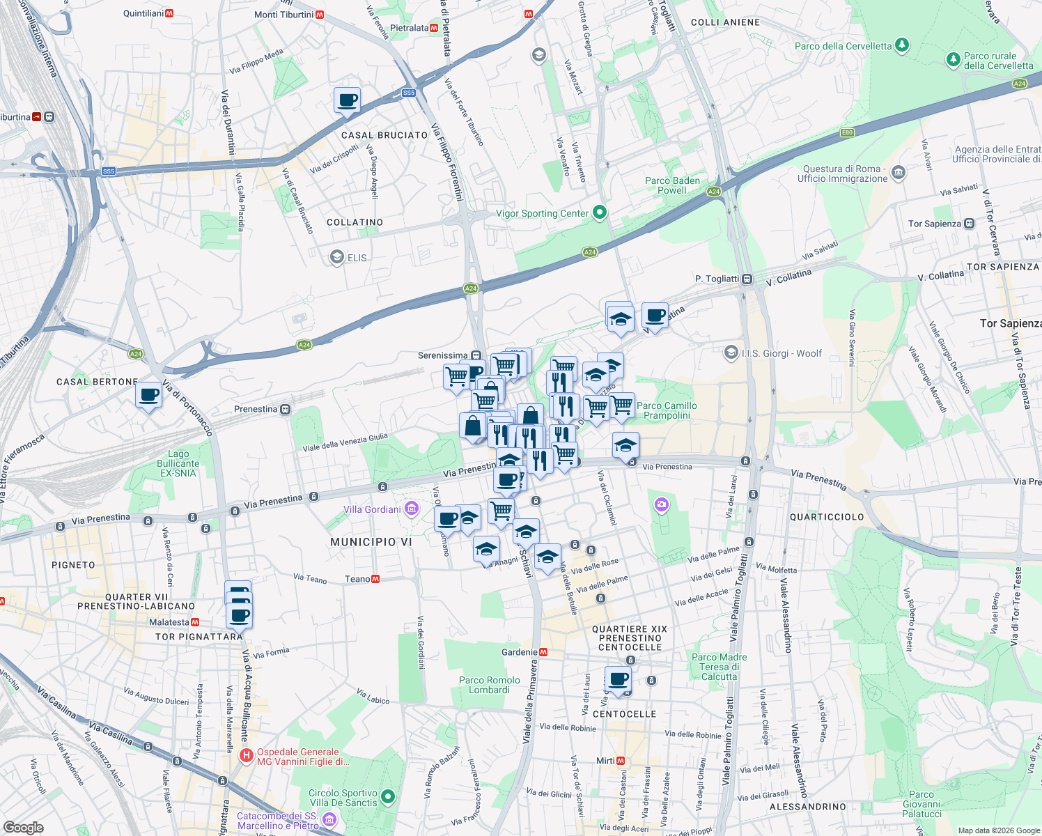 map of restaurants, bars, coffee shops, grocery stores, and more near 140-172 Viale della Venezia Giulia in Rome