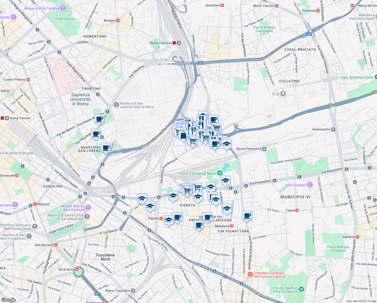 map of restaurants, bars, coffee shops, grocery stores, and more near 62 Via di Casal Bertone in Roma