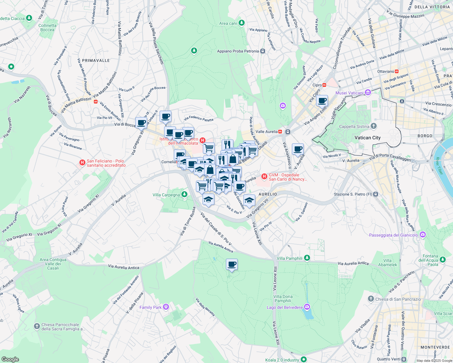 map of restaurants, bars, coffee shops, grocery stores, and more near 344 Via Aurelia in Rome