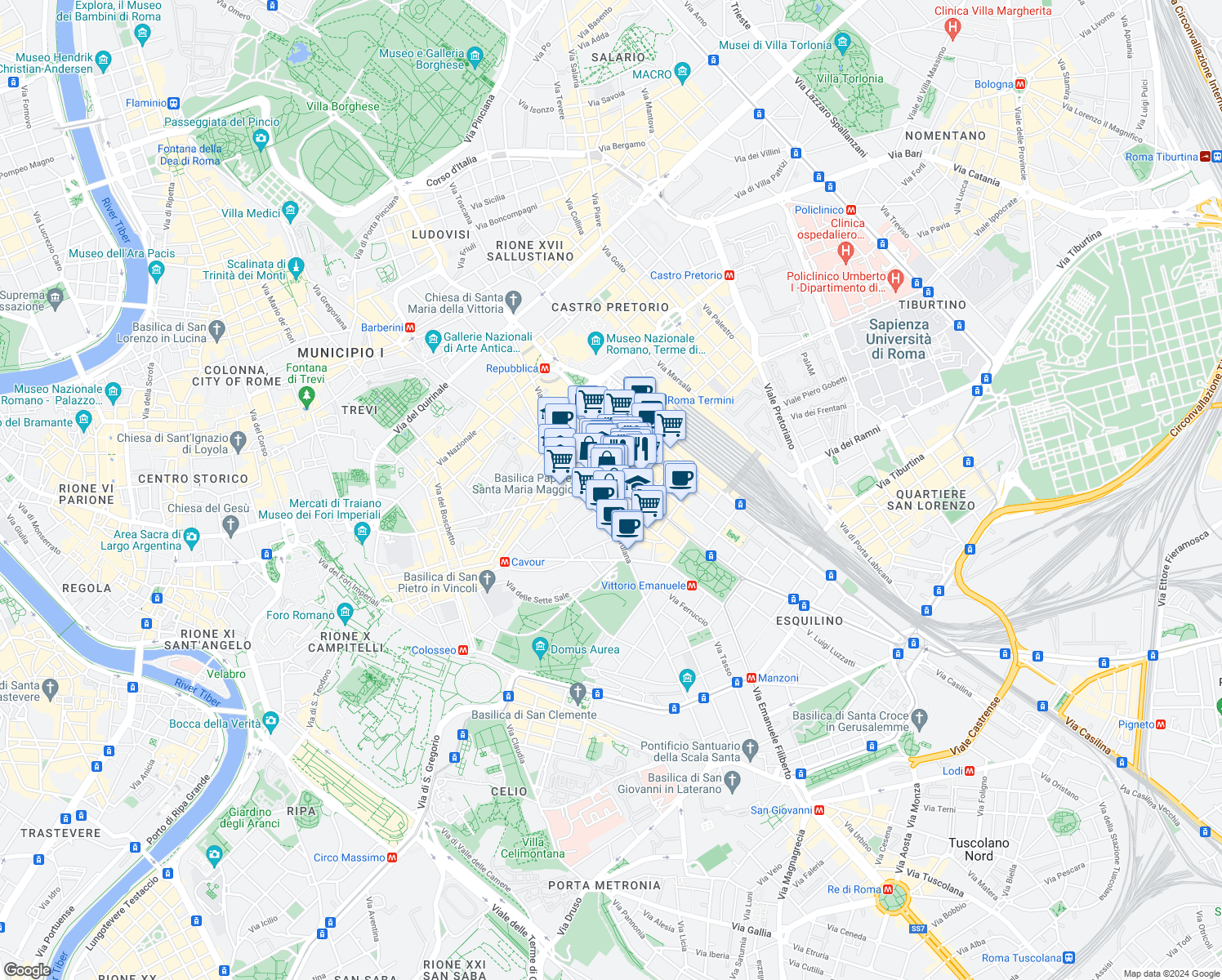 map of restaurants, bars, coffee shops, grocery stores, and more near 42 Piazza di Santa Maria Maggiore in Rome