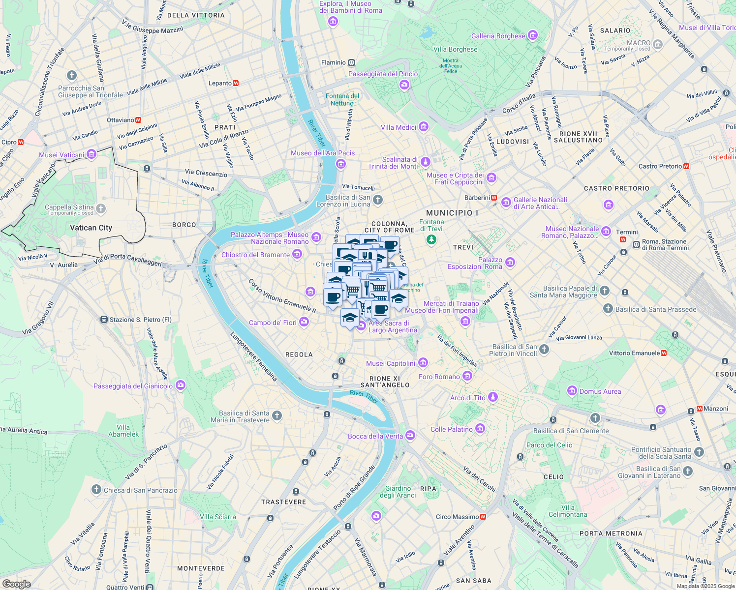 map of restaurants, bars, coffee shops, grocery stores, and more near 64 Piazza della Minerva in Roma