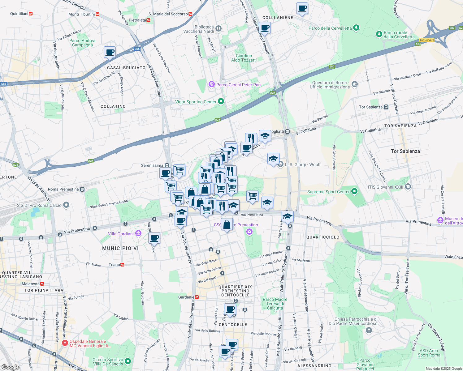 map of restaurants, bars, coffee shops, grocery stores, and more near 109 Viale Giovanni Battista Valente in Rome