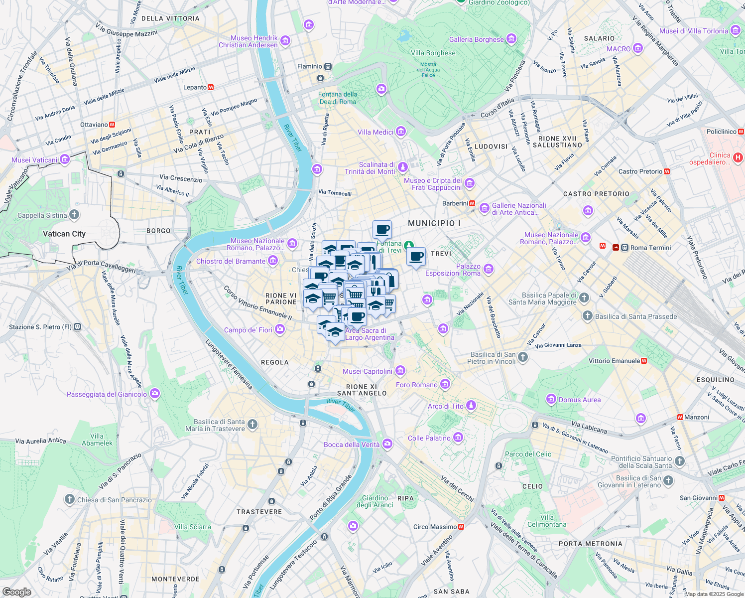 map of restaurants, bars, coffee shops, grocery stores, and more near 891 Piazza del Collegio Romano in Roma