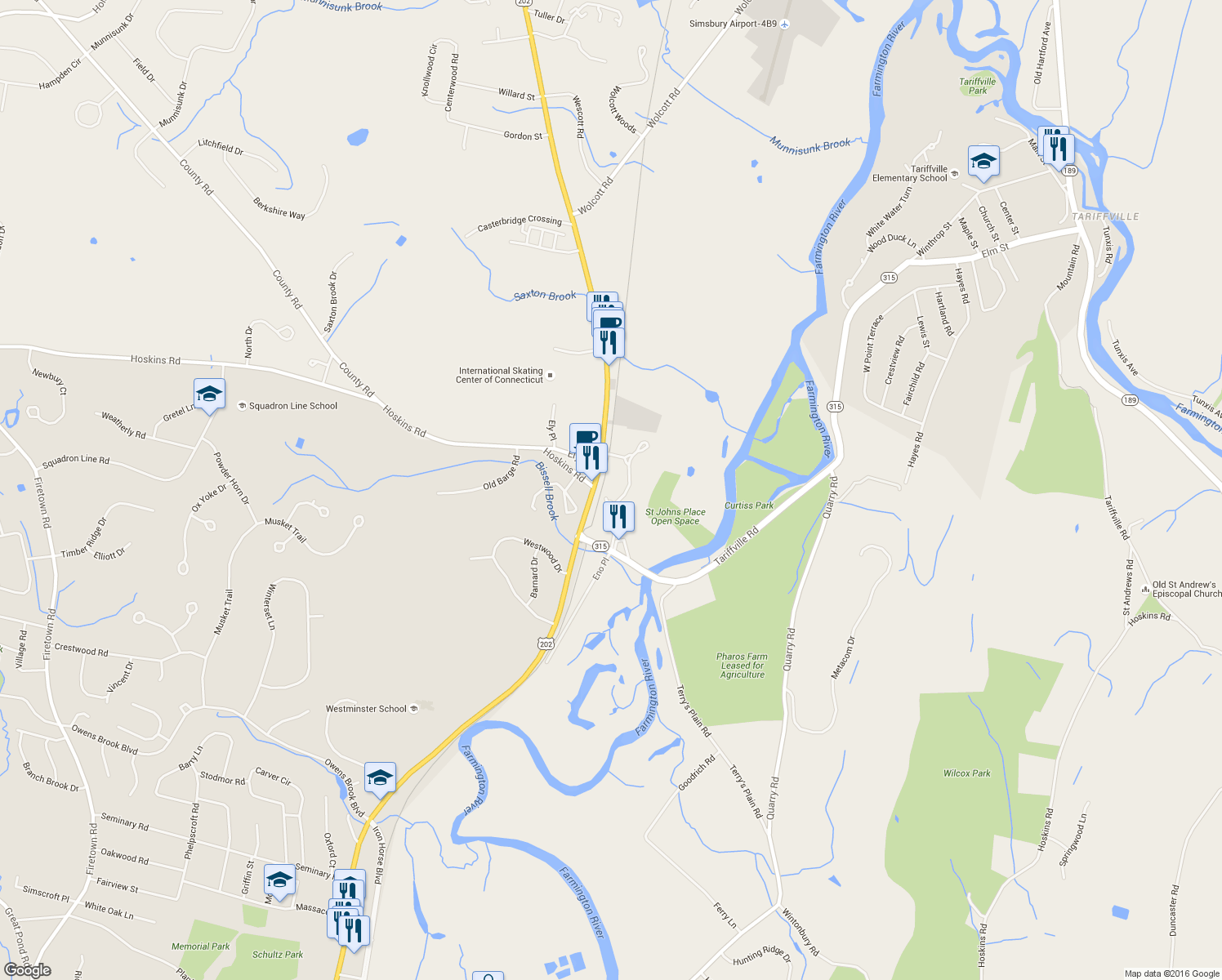 map of restaurants, bars, coffee shops, grocery stores, and more near 14 St.Johns Place in Simsbury