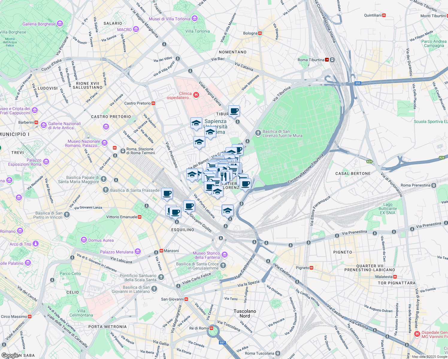 map of restaurants, bars, coffee shops, grocery stores, and more near 35 Via dei Sardi in Roma