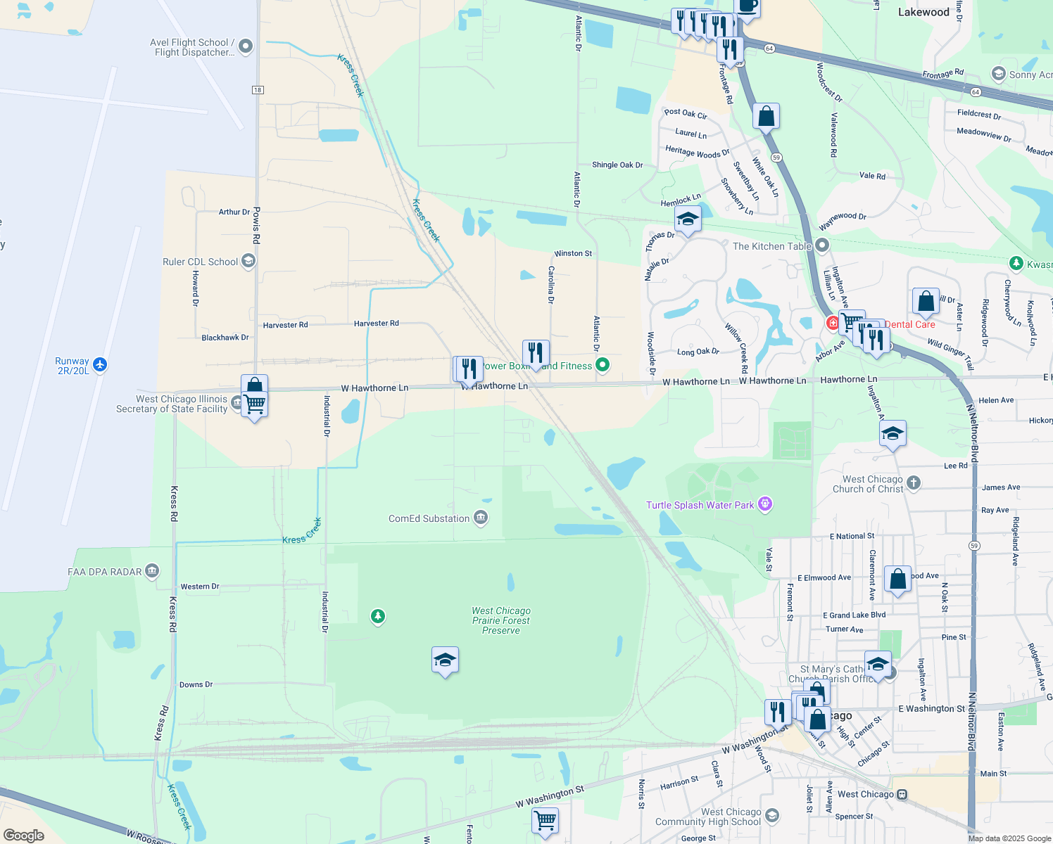 map of restaurants, bars, coffee shops, grocery stores, and more near 1N711 Pilsen Rd in West Chicago