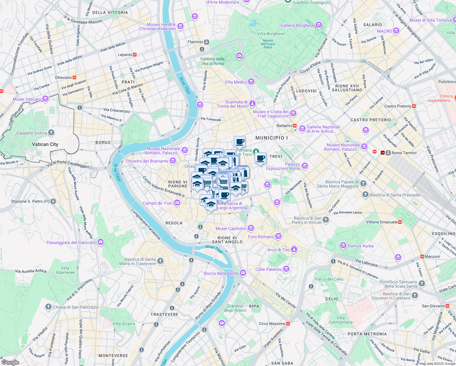 map of restaurants, bars, coffee shops, grocery stores, and more near 891 Piazza del Collegio Romano in Roma