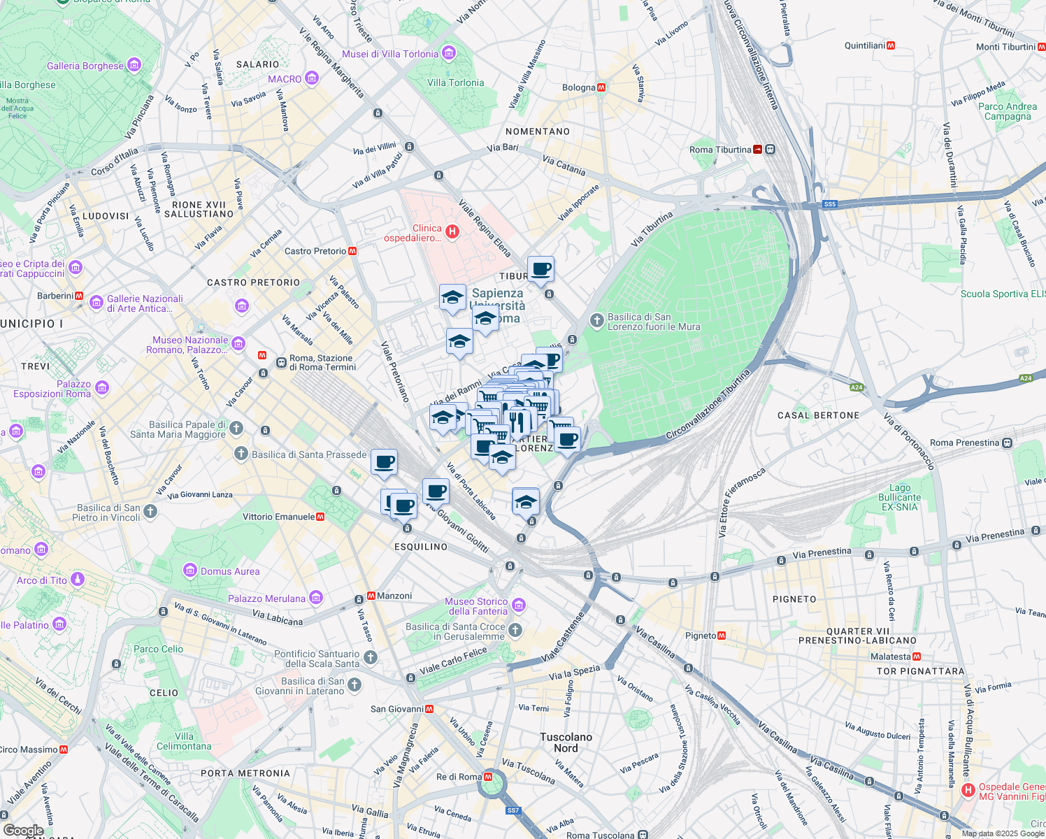 map of restaurants, bars, coffee shops, grocery stores, and more near 35 Via dei Sardi in Roma