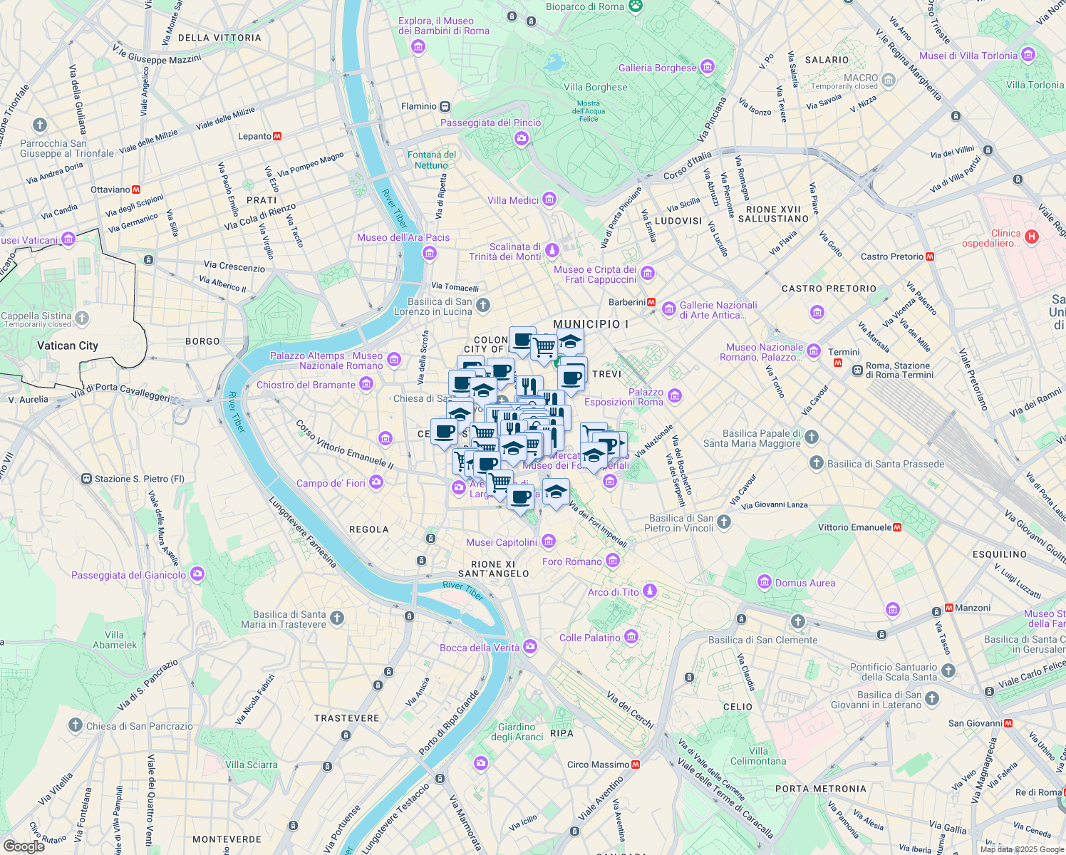 map of restaurants, bars, coffee shops, grocery stores, and more near 5 Piazza San Marcello in Roma