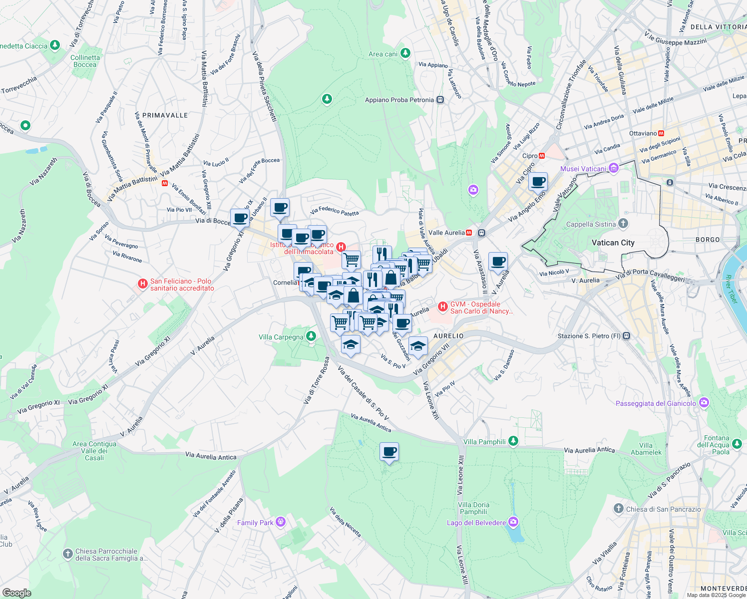 map of restaurants, bars, coffee shops, grocery stores, and more near 344 Via Aurelia in Rome