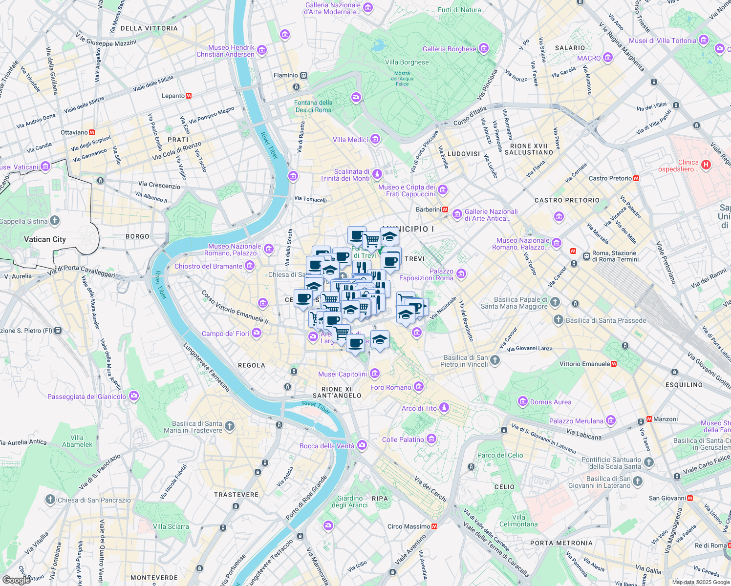 map of restaurants, bars, coffee shops, grocery stores, and more near 5 Piazza San Marcello in Roma